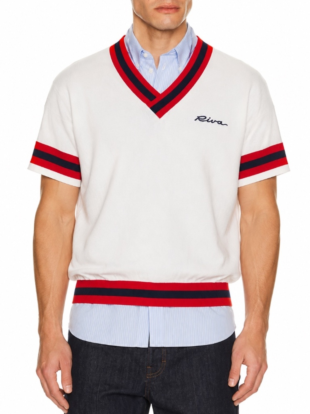 Vintage Riva Knit Cricket Sweater Vest White Red Navy V-Neck Short Sleeve